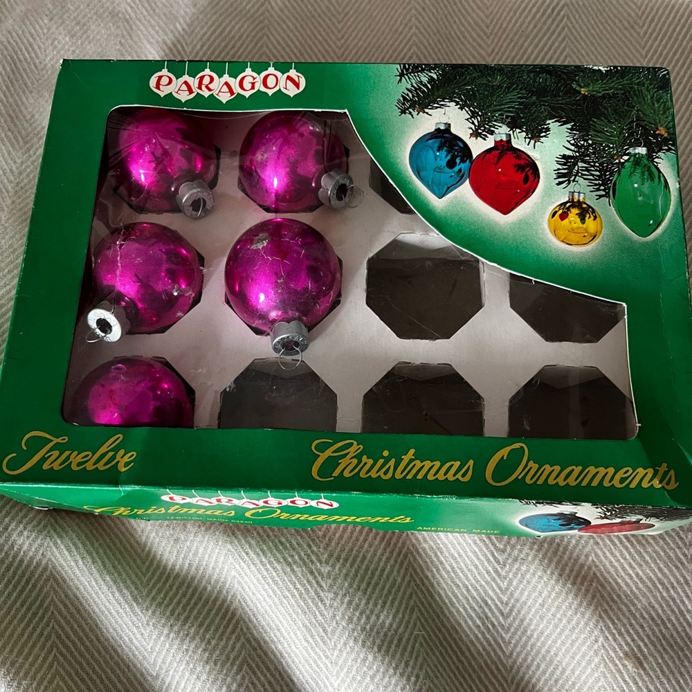 Vintage Paragon Pink (5) Christmas Ornaments with original box.